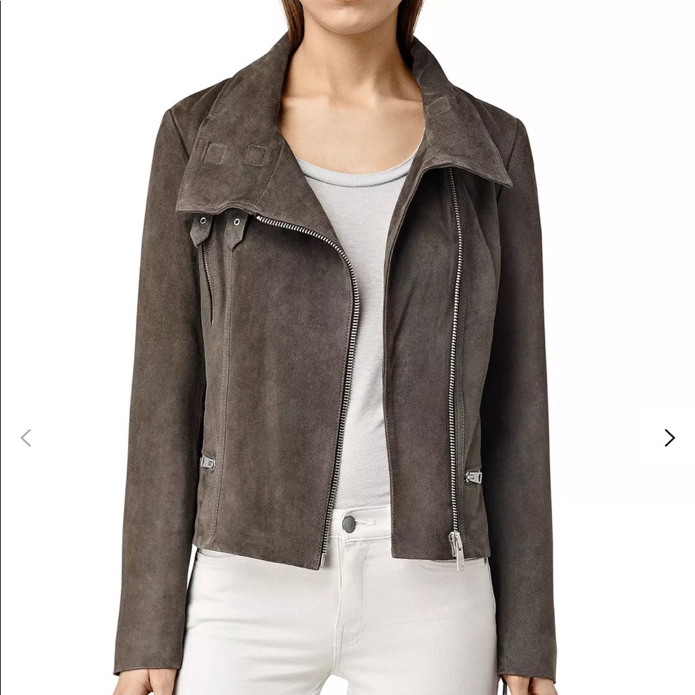 All Saints Gray Suede Moto Zip Jacket